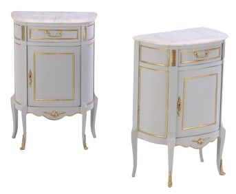 SMALL PAIR OF PAINTED AND BRONZE MOUNTED LOUIS XV STYLE MARBLE TOP COMMODES HAVING A DRAWER AND A