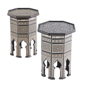 PAIR SYRIAN OCTAGONAL INLAID TABLES WITH EBONIZED TRIM, AND MOTHER OF PEARL INLAY.