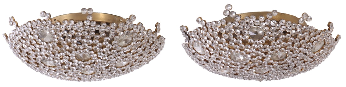 PAIR OF CEILING MOUNTED LIGHT FIXTURES HAVING CRYSTALS ATTRIBUTED TO SWAROVSKI C 1960. (1 of 5)