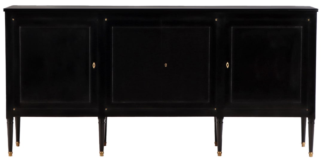 EBONIZED MAHOGANY LOUIS XVI STYLE FOUR DOOR SIDEBOARD LABELED HARRODS C 1940.: Ebonized mahogany Louis XVI style four door sideboard labeled Harrods C 1940. Ht: 38" Wd: 79.5" Dpth: 21.25"