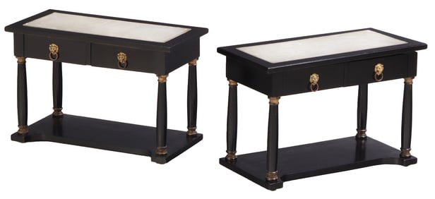 PAIR EBONIZED MAHOGANY FRENCH EMPIRE STYLE END TABLES HAVING GILT EMBOSSED LEATHER TOPS AND A