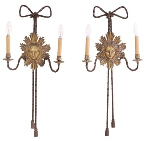 PAIR FRENCH BRONZE SCONCES HAVING FEMALE MASKS AND RIBBON AND TASSLE DESIGN C 1940.