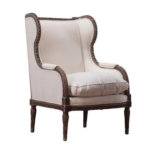 FRENCH PAINTED AND GILT CARVED LOUIS XVI STYLE BERGERE CHAIR WITH NEW FABRIC C 1940.