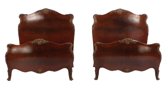 BURL WALNUT BOMBAY FORM PAIR OF TWIN BEDS HAVING BRONZE MOUNTS C 1930.