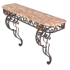 FRENCH IRON MARBLE TOP WALL MOUNTED CONSOLE TABLE C 1920.