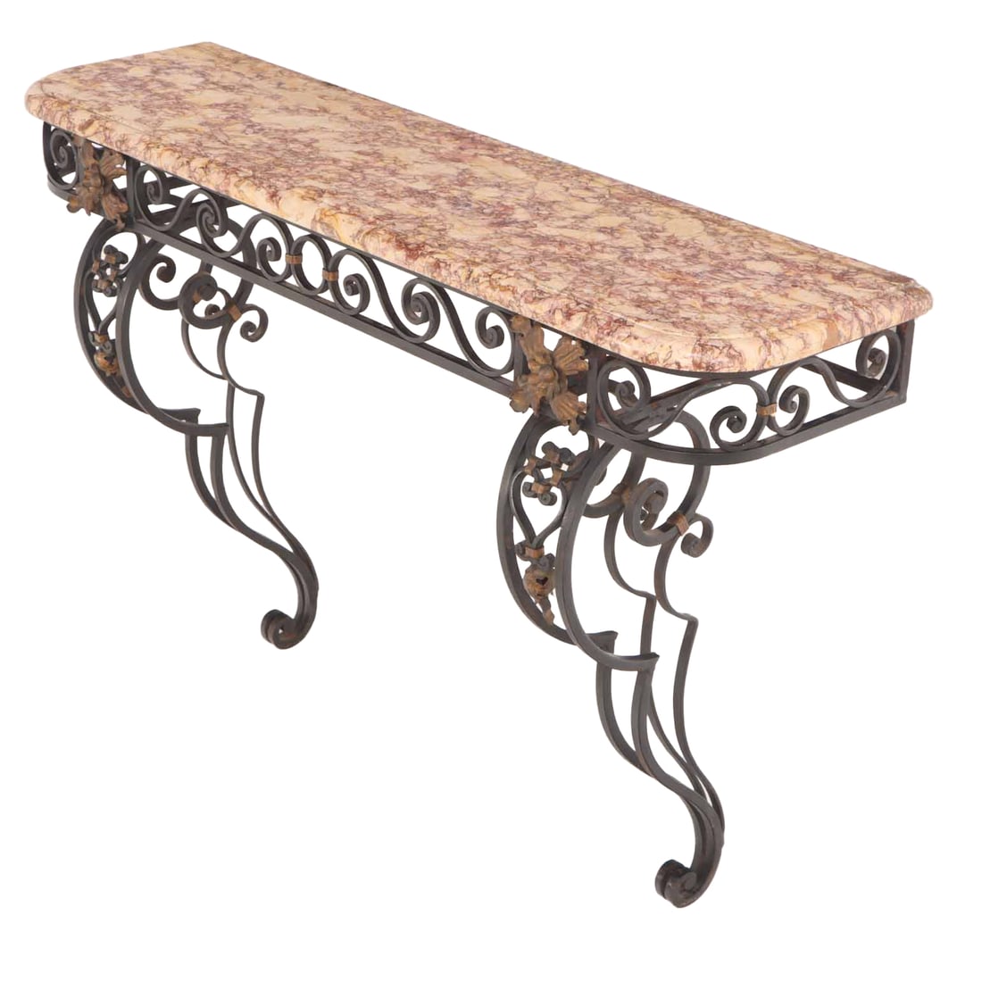 FRENCH IRON MARBLE TOP WALL MOUNTED CONSOLE TABLE C 1920. (1 of 6)