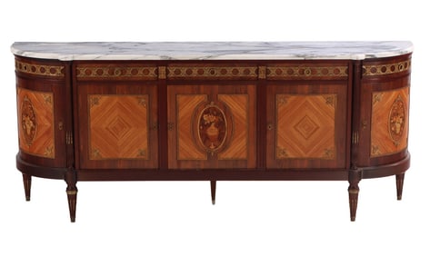 LARGE MAHOGANY, ROSEWOOD AND KINGWOOD BRONZE MOUNTED MARBLE TOP FRENCH SIDEBOARD IN THE LOUIS