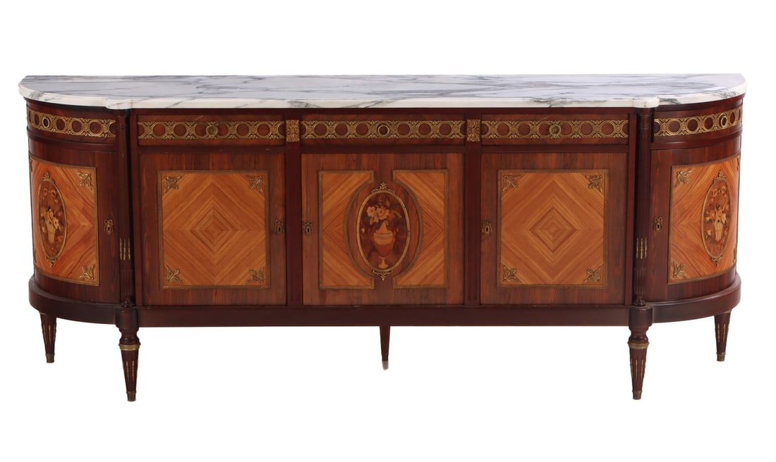 LARGE MAHOGANY, ROSEWOOD AND KINGWOOD BRONZE MOUNTED MARBLE TOP FRENCH SIDEBOARD IN THE LOUIS (1 of 8)
