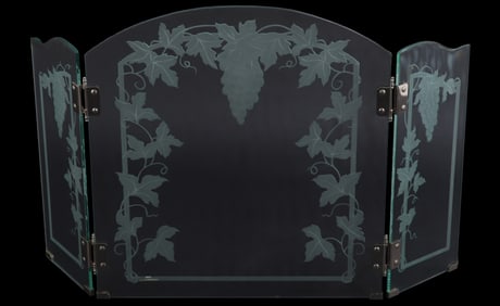THREE PANEL GLASS FIRESCREEN HAVING GRAPE AND LEAF MOTIFS AND BRASS HINGES, C 1980