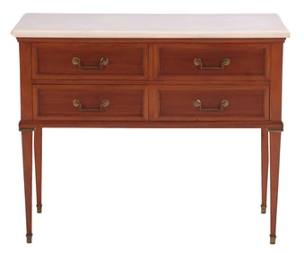 PETITE MAHOGANY BRONZE MOUNTED FOUR DRAWER DRESSER OR CONSOLE HAVING A MARBLE TOP C 1950.