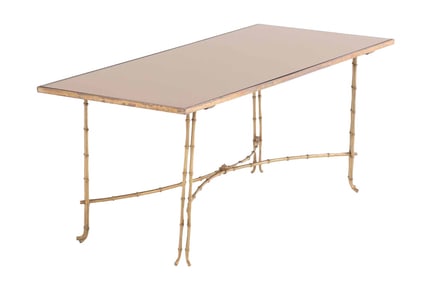 FRENCH BRONZE AND MIRROR FAUX BAMBOO COFFEE TABLE C 1940 HAVING A STRETCHER BASE IN THE MANNER OF