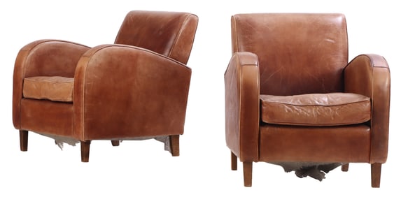 PAIR CONTINENTAL ART DECO STYLE LEATHER CLUB CHAIRS C 1960.
