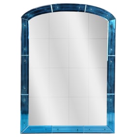 LARGE ART DECO STYLE MIRROR HAVING A BLUE MIRROR BORDER C 1930.