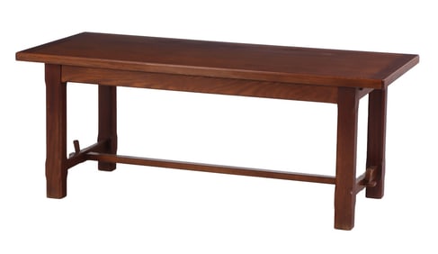 FRENCH OAK FARM TABLE WITH TWO LEAVES HAVING A STRETCHER BASE AND MORTIS AND TENON CONSTRUCTION C