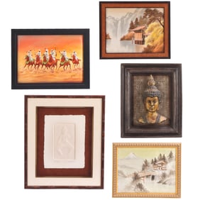 FIVE PCS ASIAN & ORIENTAL DECORATIVE ART INCLUDES FRAMED BUDDHA HEAD, 2 JAPANESE NEEDLEWORKS, JOEL