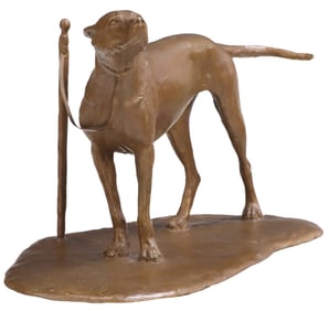 J. CLAYTON BRIGHT (AMERICAN B. 1946) "COFFEE SHOP DOG" DEPICTING A DOG TIED TO A POST, CAST BRONZE,