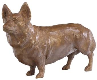 J. CLAYTON BRIGHT (AMERICAN B. 1946) "ANNIE" DEPICTING A CORGI DOG, CAST BRONZE, SIGNED BRIGHT,