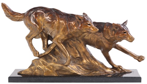 MARGERY TORREY (20TH-21ST C AMERICAN) "FLASH AND DASH" DEPICTING TWO RUNNING WOLVES, CAST BRONZE,