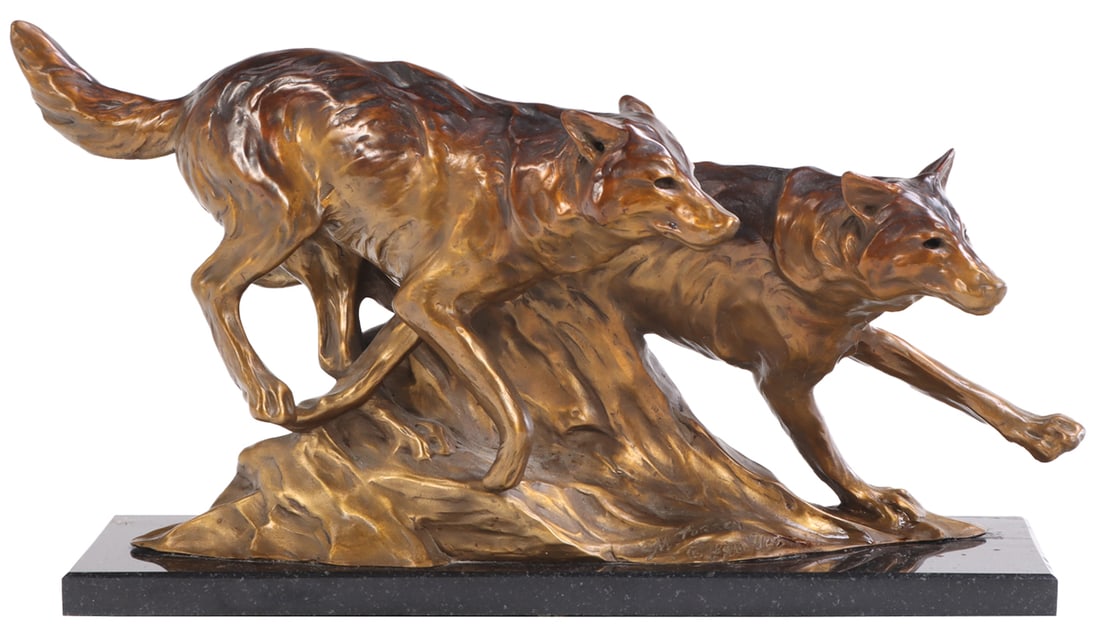 MARGERY TORREY (20TH-21ST C AMERICAN) "FLASH AND DASH" DEPICTING TWO RUNNING WOLVES, CAST BRONZE, (1 of 6)