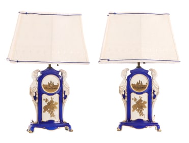 PAIR ROSENTHAL PORCELAIN TABLE LAMPS WITH BLUE AND GOLD GILT DECORATION AND FEMALE FIGURES IN