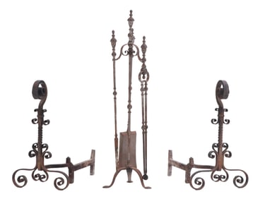 WROUGHT IRON ANDIRONS AND FIRE TOOLS C. 1900