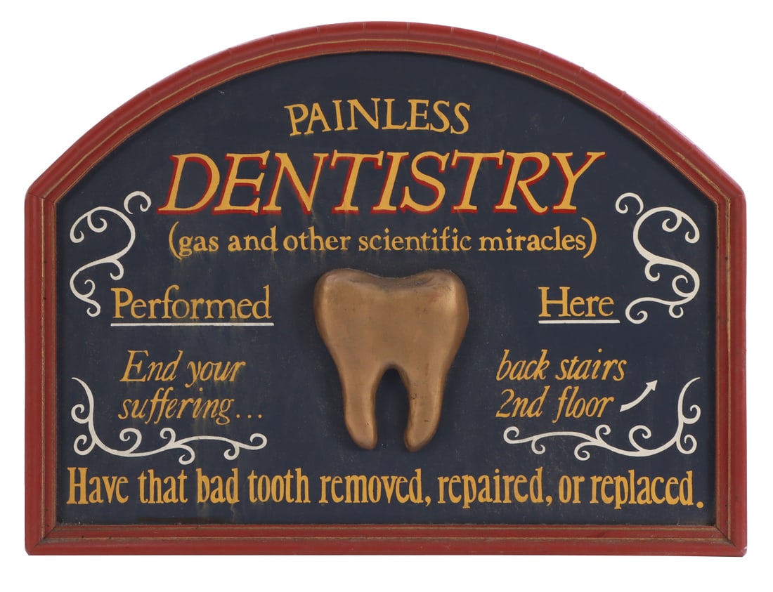 REPRODUCTION DENTISTRY SIGN WITH LETTERING AND GOLD PAINTED MOLAR. C. 1990S.: Reproduction Dentistry sign with lettering and gold painted molar. C. 1990s. Ht: 18" Wd: 24" Dpth: 1.5"