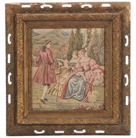 FRAMED TAPESTRY OF A FRENCH COUPLE. C. 1910S.