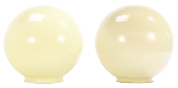 PAIR 16" GREEN OPALINE GLASS GLOBES, HAVING 8" ROUND MOUNTING BASE