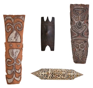 4 PRIMITIVES INCLUDING DAYAK PAINTED SHIELD, WOOD SHIELD WITH BRAIDED RATTAN & 2 BARK CLOTHS, BORNEO