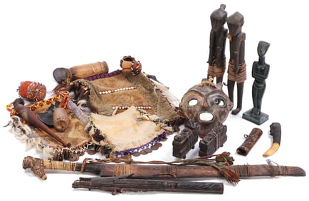 COLLECTION OF PRIMITIVES INCLUDING DAYAK MASK, MANDAU, WOOD FIGURES, BETEL NUT BAGS, MORE, BORNEO