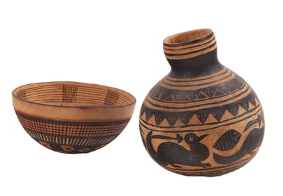 WOOD VASE AND BOWL WITH ETHNOGRAPHIC, NATIVE CARVINGS.