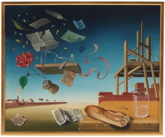 GEORGES SPIRO (FRENCH 1909-1994) SURREALIST PAINTING DEPICTING A DESOLATE LANDSCAPE WITH