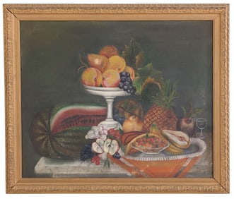 A NINETEENTH CENTURY OIL ON CANVAS STILL LIFE PAINTING OF FRUIT, PAINTED BY ELLA HALLETT