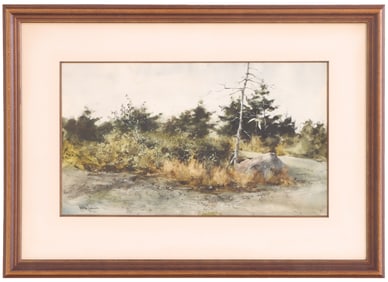 PHILIP JAMISON (AMERICAN 1925-2021) "AMBRUST HILL, MAINE," WATERCOLOR ON BOARD, SIGNED PHILIP