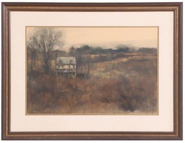 PHILIP JAMISON (AMERICAN 1925-2021) RURAL LANDSCAPE PAINTING OF A FARMHOUSE WATERCOLOR ON