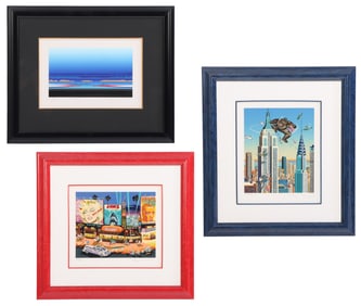 THREE CONTEMPORARY SIGNED PRINTS INCLUDING "BLUE SKY" BY TETSURO SAWADA 39/50; "NEW YORK" BY HIRO