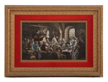 HAND COLORED PRINT "A BOYER WEDDING FEAST" AFTER THE PAINTING BY KONSTANTIN MAKOVSKY, LITHOGRAPH IN