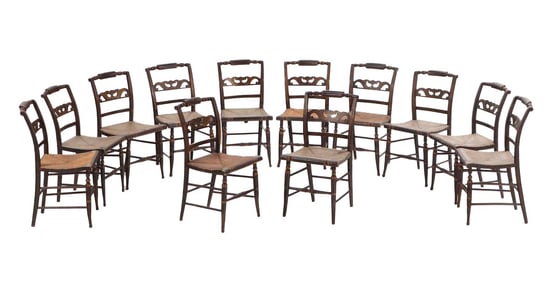 TWELVE PAINT DECORATED NINETEENTH CENTURY DINING CHAIRS WITH RUSH SEATS.