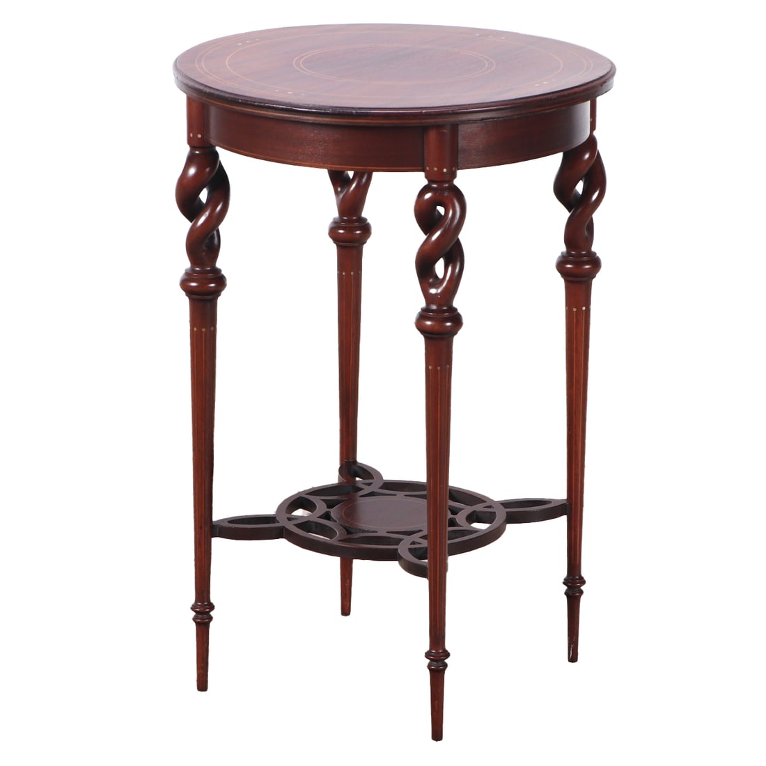 AN ART NOVEAU PEDESTAL OR SIDE TABLE HAVING TWISTED LEGS AND CIRCULAR LINE INLAID TOP (1 of 7)