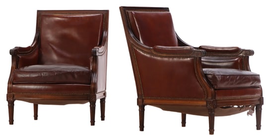 PAIR FRENCH LOUIS XVI STYLE  LEATHER UPHOLSTERED LIBRARY CHAIRS C 1940.