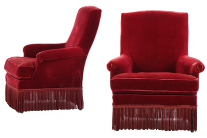 PAIR OF RED VELVET NAPOLEON III LIBRARY CHAIRS C 1860 WITH FRINGE DECORATION.