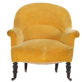 NAPOLEON III LOUNGE CHAIR RESTING ON EBONIZED TURNED FEET C 1860.