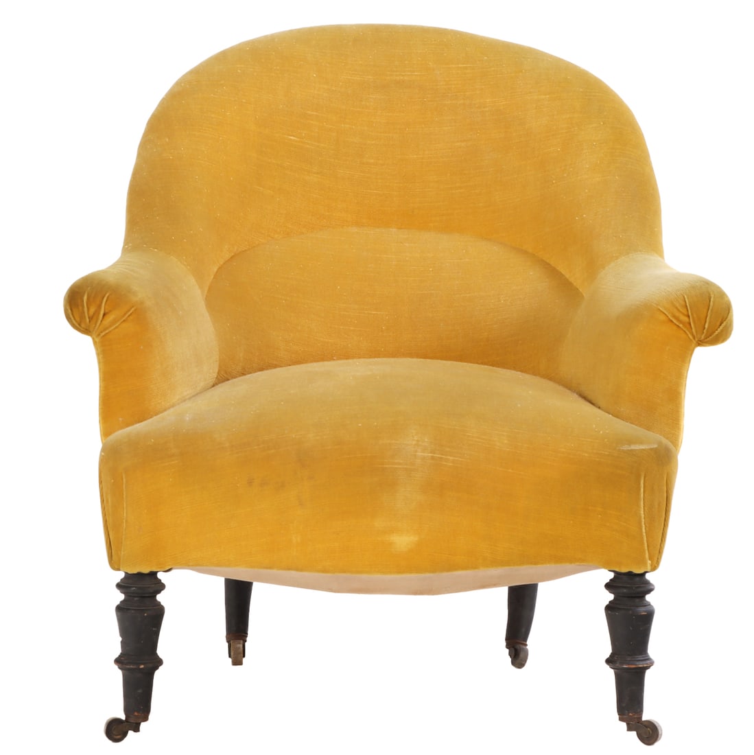 NAPOLEON III LOUNGE CHAIR RESTING ON EBONIZED TURNED FEET C 1860.: Napoleon III lounge chair resting on ebonized turned feet C 1860. Ht: 32" Wd: 32" Dpth: 28" Seat: 17"