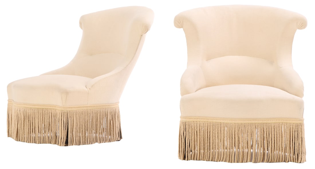 PAIR NAPOLEON III LOUNGE CHAIRS WITH FRINGE DECORATION C 1860.: Pair Napoleon III lounge chairs with fringe decoration C 1860. Ht: 29.5" Wd: 26.5" Dpth: 30.5" Seat: 14"