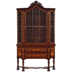 DUTCH MARQUETRY STYLE TWO PART INLAID CABUNET.