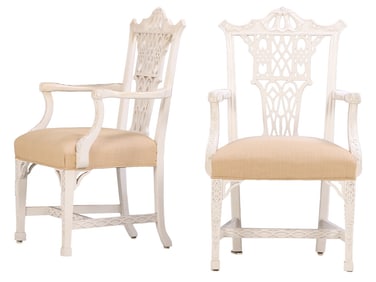 PAIR OF PAINTED AND CARVED OPEN ARM CHAIRS IN THE CHINESE CHIPPENDALE STYLE.