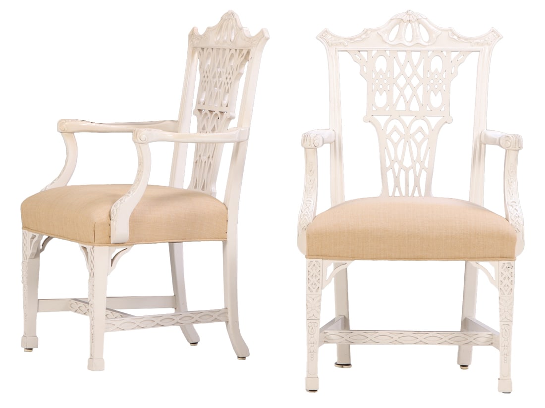 PAIR OF PAINTED AND CARVED OPEN ARM CHAIRS IN THE CHINESE CHIPPENDALE STYLE. (1 of 6)