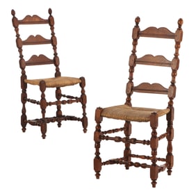 PAIR OF TURNED WALNUT EIGHTEENTH CENTURY SIDECHAIRS WITH RUSH SEATS AND LADDER BACK.