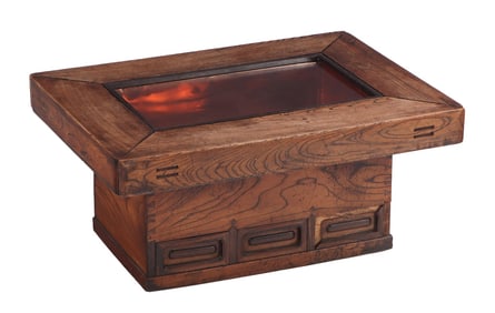 JAPANESE HABACHI COFFEE TABLE HAVING A COPPER LINER AND DRAWERS IN THE BASE.