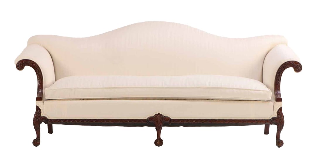 GEORGE III STYLE CAMEL BACK SOFA HAVING BALL AND CLAW FEET AND RECENT FABRIC C 1940. (1 of 6)